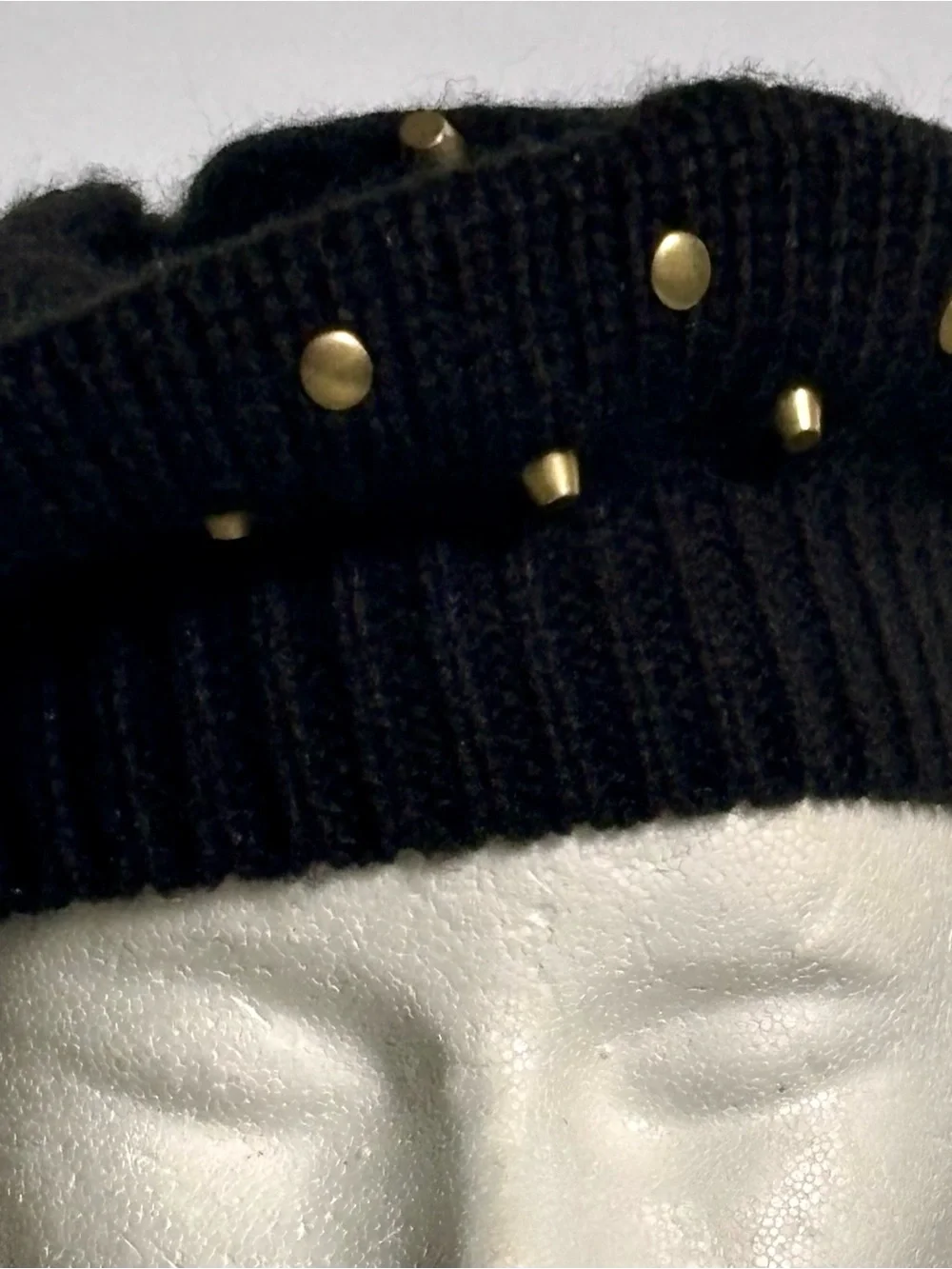 Soft Ribbed Knit Beret Gold Metal Studded Accents